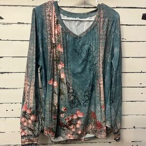 Floral V-Neck Long Sleeve Top in Teal and Pink Women’s Size XL Good Condition